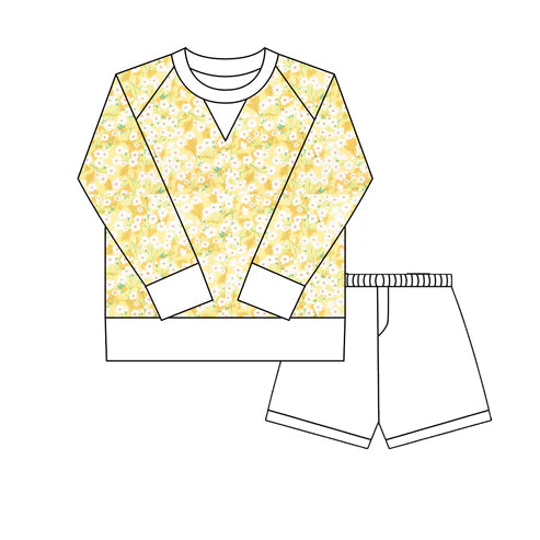 10.18 GLS0022 Baby Girls Yellow Floral Long Sleeve Top Shorts Yoga Clothes Sets Preorder