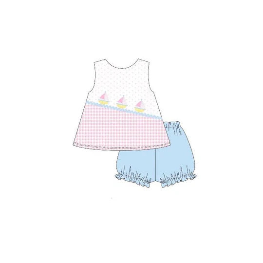 12.15 MOQ：5pcs GSSO2999 pre-order baby girl clothes sailing boat print toddler girl summer outfit