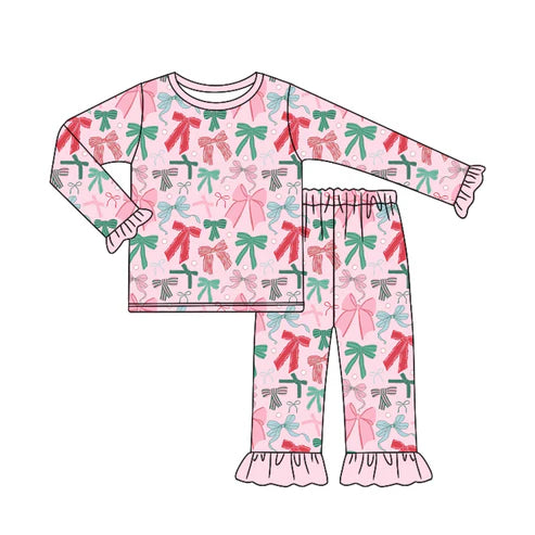 6.7 GLP2413 Baby Girls Pink Long Ruffle Sleeves Colorful Bows Top Pant Pajamas Set Preorder
