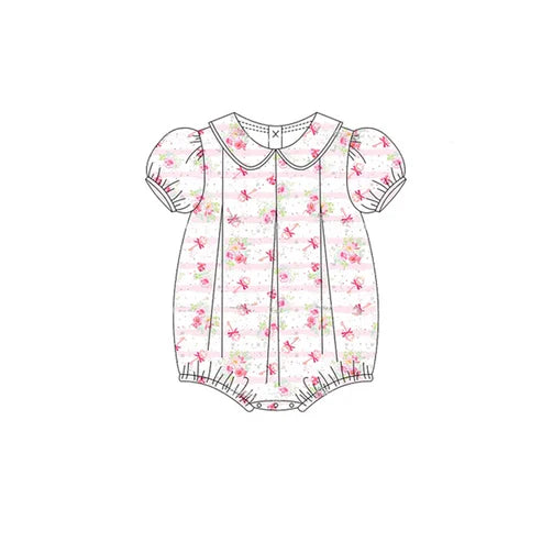 3.22  SR2929 Baby Infant Girls Short Ruffle Sleeves Pink Stripe Floral Ruffle Rompers Preorder