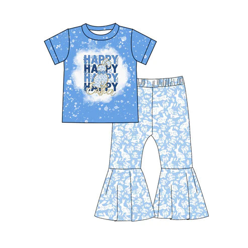 10.21  GSPO2100 Baby Girls Blue Rabbit Happy Easter Top Bell Bottom Pants Clothes Sets Preorder