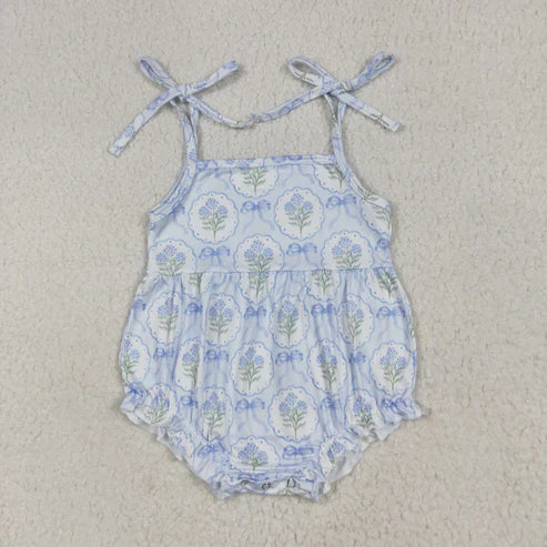 7.1 SR3117 Baby Girls Blue Strap Bows Flowers Plaid Ruffle Romper