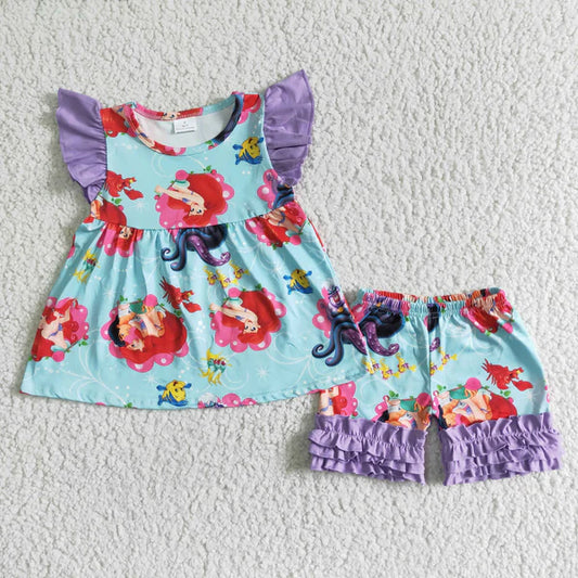 L-3.1 B16-21 Girls cartoon purple little flying sleeve lace short sleeve shorts set