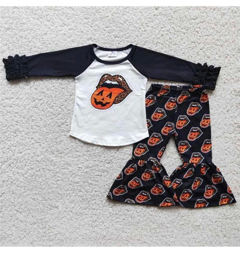 9.6 rts no moq 6 B1-4 girls Halloween outfit long sleeve and long pants pumpkin print