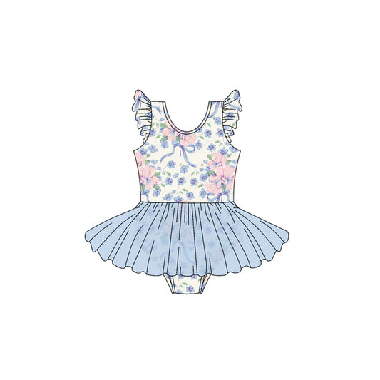 3.23 SR2956 Baby Girls Flutter Sleeves Bow Floral Skort Bummies One Piece Swimsuit Preorder