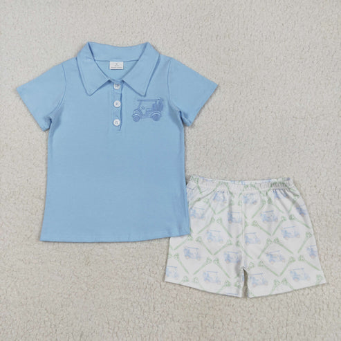5.9 BSSO1494 Baby Boys Blue Short Sleeves Button Golf Top Pocket Short Set