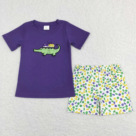 BSSO0410 Embroidery Carnival Crocodile purple short sleeve shorts set