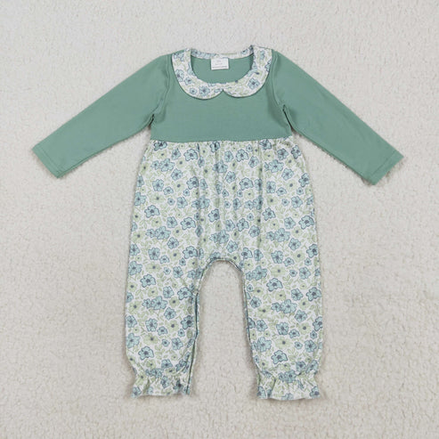 8.14 LR2258 Baby Girls Aqua Long Sleeves Floral Ruffle Pant Romper