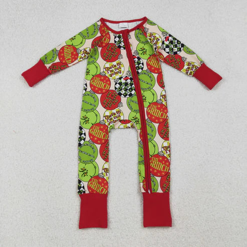 LR2658 Baby Boys Red Green Face Lights Christmas Zipper Footie Romper