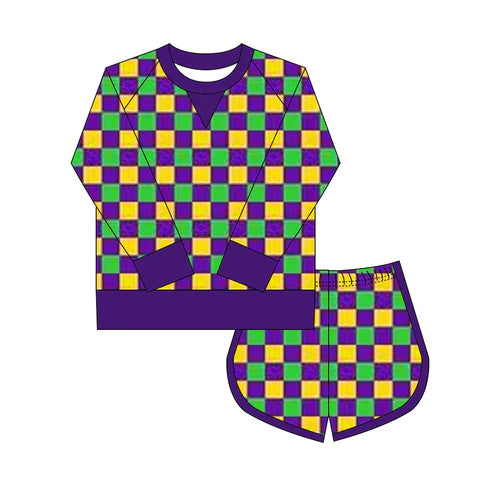 10.6  GLS0016 Baby Girls Mardigras Checked Shirts Shorts Yoga Clothes Sets Preorder