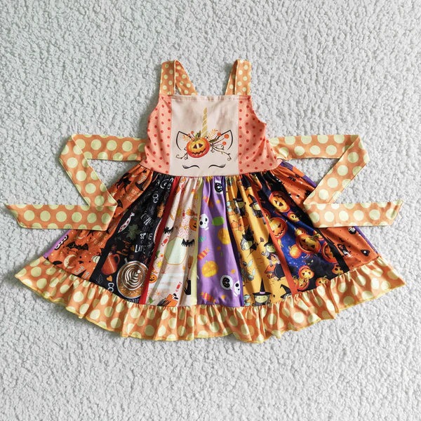 B18-11 Halloween Unicorn Pumpkin Twirl Dress