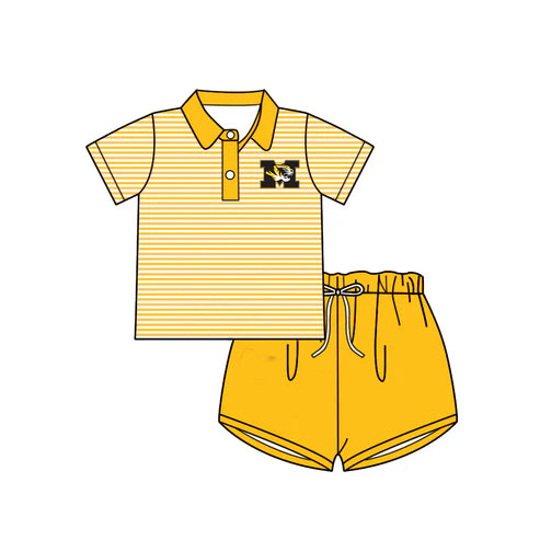 6.21 Custom Moq 3 Baby Boys Short Sleeves Yellow Stripes Button Lion M Top Shorts Team Set