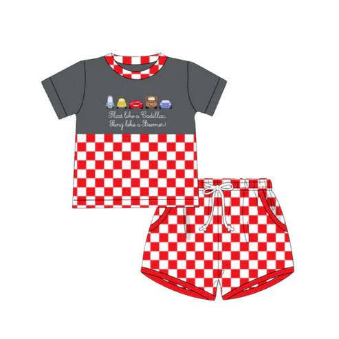 4.9 BSSO1462 Baby Boys Cartoon Cars Top Red Plaid Pockets Short Set Preorder
