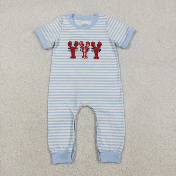 12.13 SR3333 Embroidery Crayfishes Baby Boys Grey Stripe Footie Rompers