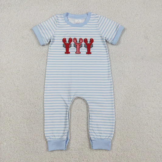 12.13 SR3333 Embroidery Crayfishes Baby Boys Grey Stripe Footie Rompers