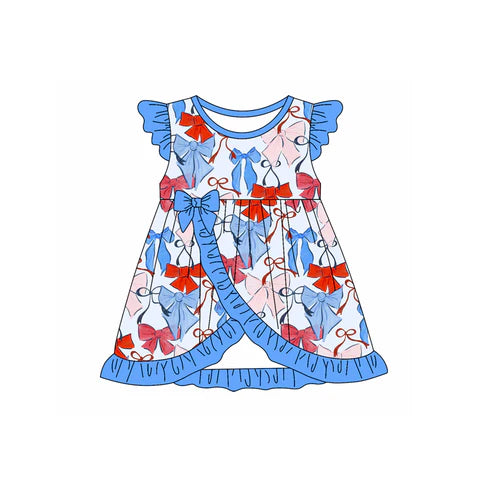 3.22 GSD2233 Baby Girls Blue Flutter Sleeves Blue Red Bows 4th Of July Knee Length Dresses Preorder