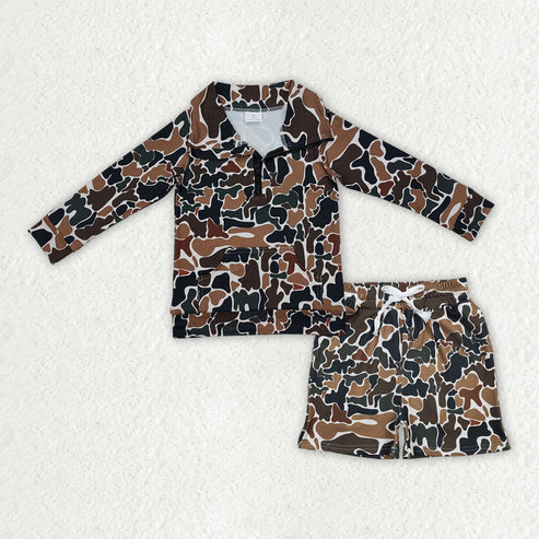 12.19 BT1038+SS0732 Baby Boys Southern Dark Brown Camo Zipper Pockets Top Shorts Hunting Clothes Set