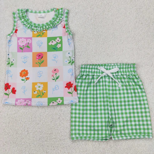 4.2 GSSO2415 Baby Girls Green Plaid Sleeveless Floral Top Short Set