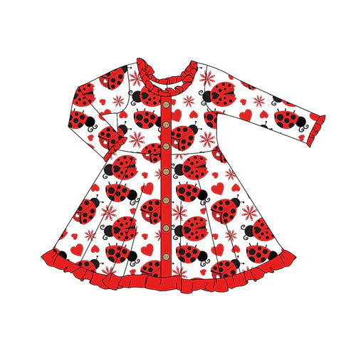 5.29 GLD0919 Baby Girls Valentines Ladybugs Buttons Knee Length Dresses Preorder