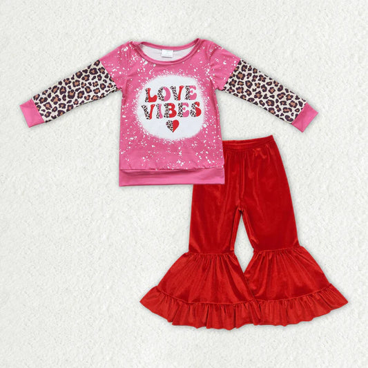 3.18 GT0071+P0417 Baby Girls Valentines Leopard Shirt Top Red Velvet Bell Pants Clothes Set