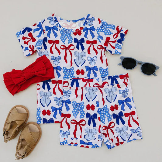 11.10 MOQ：5pcs GSSO2848 pre-order baby girl clothes bows toddler girl 4th of July summer outfit