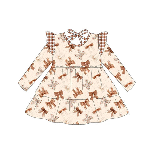 7.29 GLD1210 Baby Girls Long Sleeves Khaki Bows Plaid Knee Length Dresses Preorder