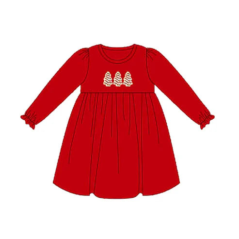 6.7 GLD1089 Baby Girls Red Long Ruffle Sleeves Trees Knee Length Dresses Preorder