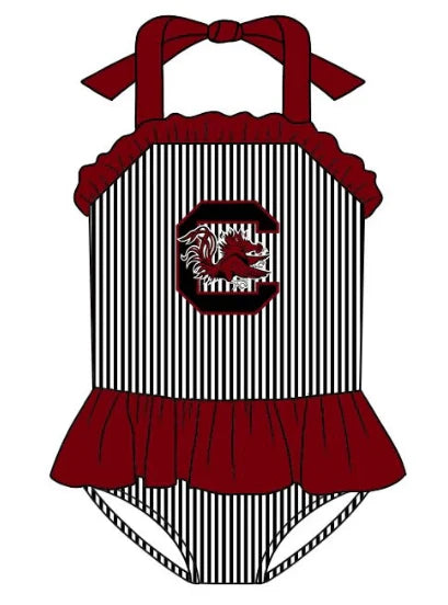 5.8 Girls' team custom striped dark red swimsuit