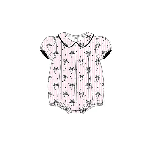 3.22 SR2932 Baby Infant Girls Short Ruffle Sleeves Pink Stripe Black Bows Ruffle Rompers Preorder