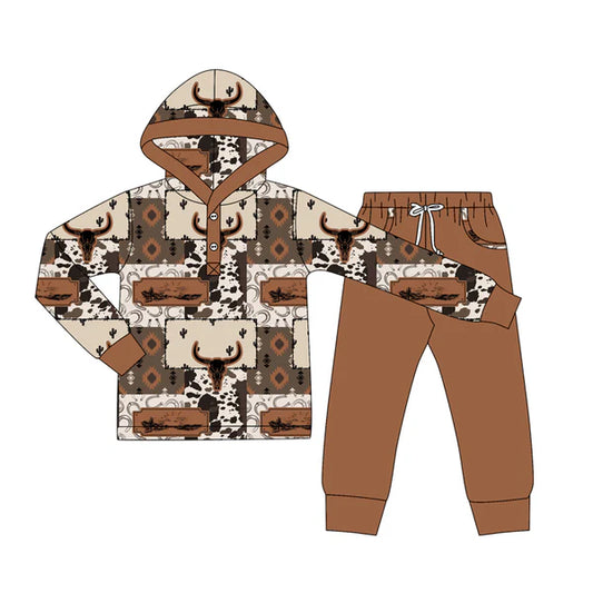 8.27  BLP1238 Baby Boys Brown Aztec Bull Skull Button Hoodies Pockets Legging Western Set Preorder