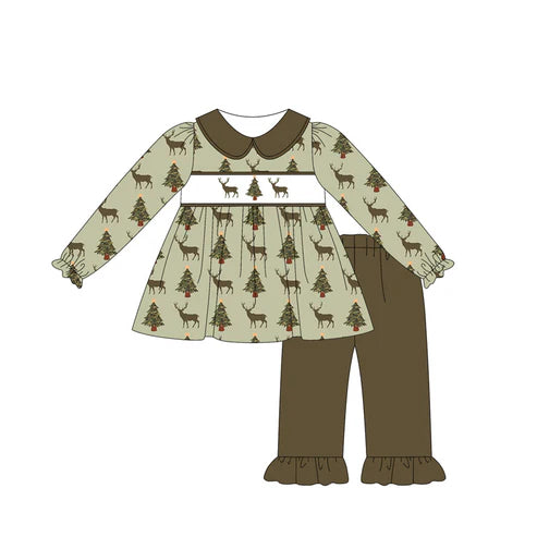 6.14  GLP2392 Baby Girls Olive Long Sleeves Deer Trees Tunic Ruffle Pant Set Preorder