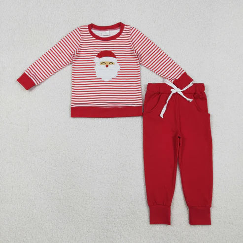 11.1 BLP1223 Embroidery Baby Boys Red Stripe Santa Top Pockets Legging Pant Christmas Set