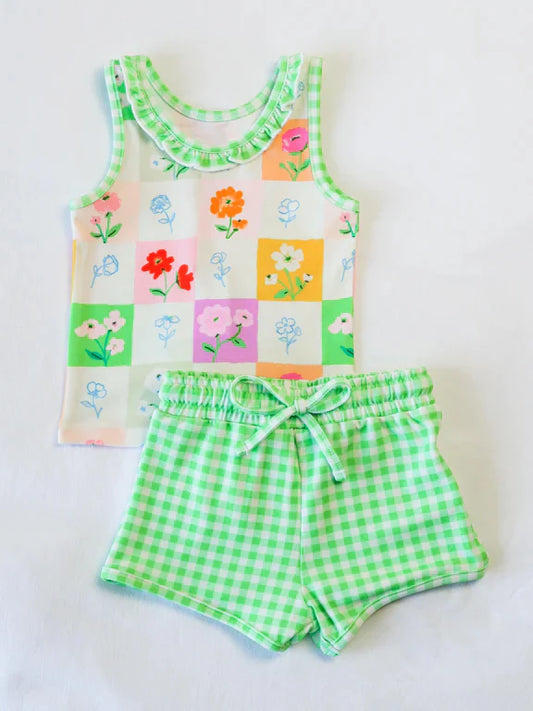 3.27 GSSO2415 Baby Girls Green Plaid Sleeveless Floral Top Short Set Preorder