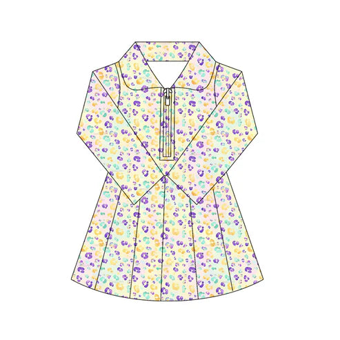 10.28 GLD1410 Baby Girls Mardigras Leopard Yoga Shorts Zipper Knee Length Dresses Preorder