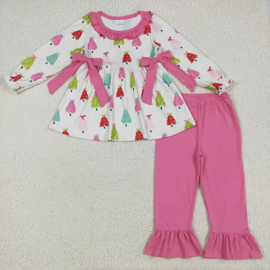 8.16 GLP2422 Baby Girls Long Sleeves Bows Trees Tunic Ruffle Pant Set