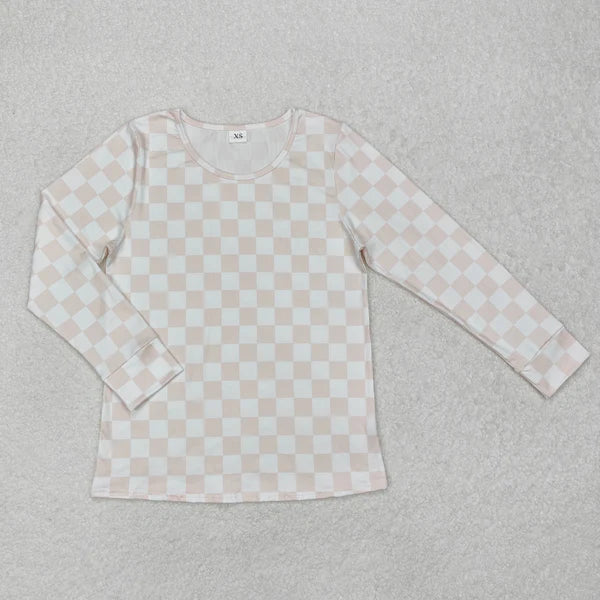 3.12 GT0906 Adult Women Pink Checkered Long Sleeve Shirts Tops