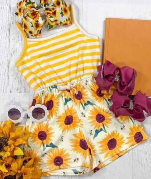5.14 Girls sunflower striped halter short sleeve shorts suit