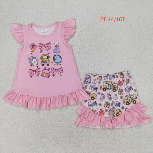 4.7 GSSO1910 Baby Girls Pencil Pink Bow Back To School Tunic Ruffle Shorts Clothes Set