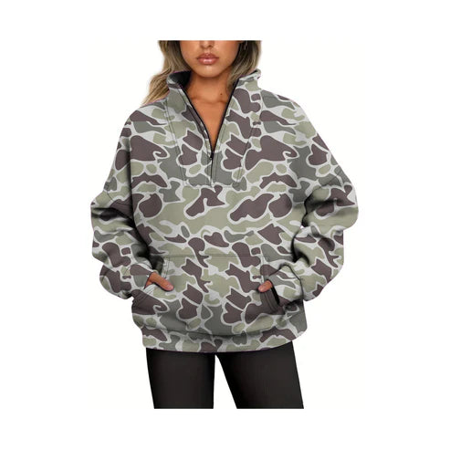 6.4 GT0827 Adult Women Dark Grey Camo Long Sleeve Tee Shirts Zip Pullovers Tops Preorder