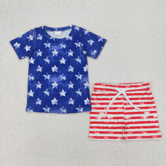 4.7  BSSO1405 Baby Boys Blue Short Sleeves Stars Shirt Red Stripe Shorts 4th Of July Set