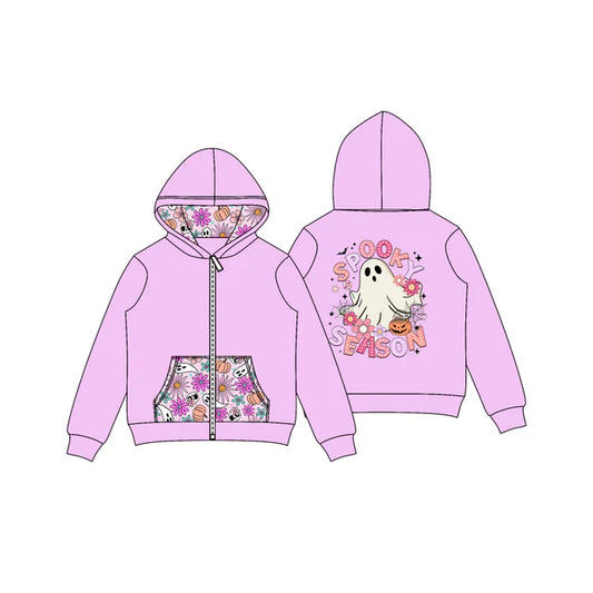 8.2 GT1141 Baby Girls Lavender Halloween Ghosts Pumpkins Pocket Zipper Hoodies Preorder