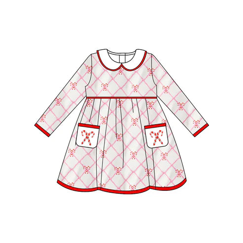 7.30 GLD1238 Baby Girls Flowers Plaid Candy Cane Pockets Christmas Knee Length Dresses Preorder