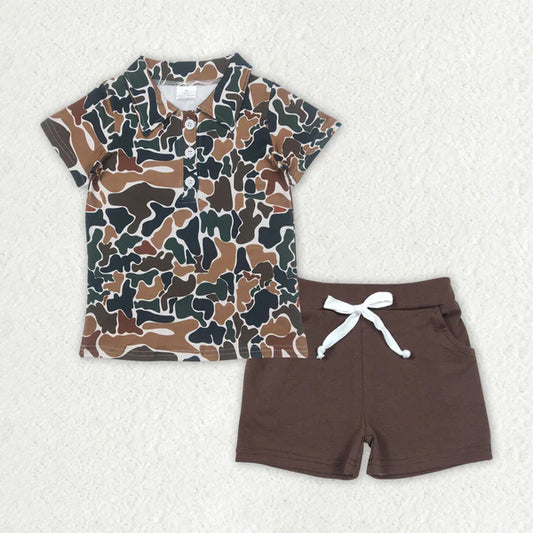 4.12 BT1213+SS0134 Baby Boys Brown Camouflage Button Pullover Top Pockets Shorts Set