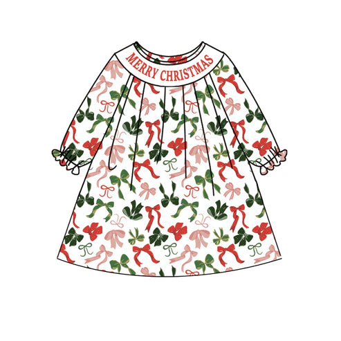 6.6  GLD1094 Baby Girls Long Sleeves Smocked Merry Christmas Colorful Bows Knee Length Dress Preorder