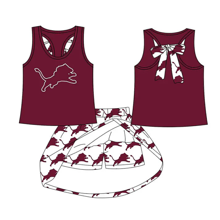 8.19 Custom Moq 5 Baby Girls Wine Horse bow vest team Top Skirt Skort Sets