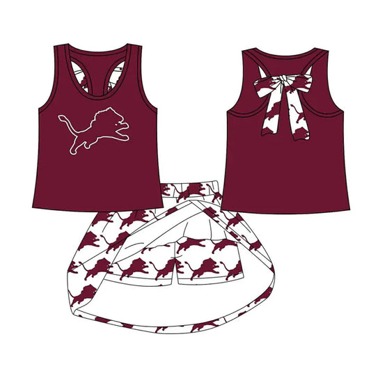 8.19 Custom Moq 5 Baby Girls Wine Horse bow vest team Top Skirt Skort Sets