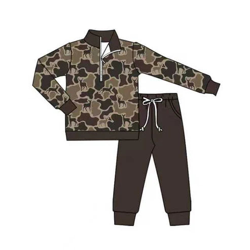 9.9 Custom Moq 5 Baby Boys Dark Brown Deer Camo Zipper Pullover Pockets Jogger Western Clothes Sets