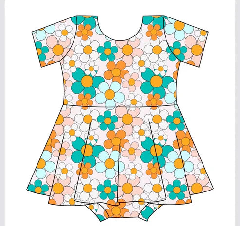 4.3 SR3005 Baby Infant Girls Short Sleeves Colorful Flowers Dress Skort Rompers Preorder