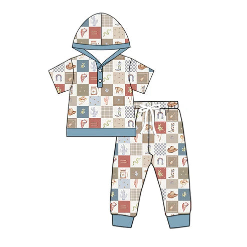 6.30 NO MOQ sales BSPO0563 Pre-order baby boy clothes boot hooded short sleeve pants sets