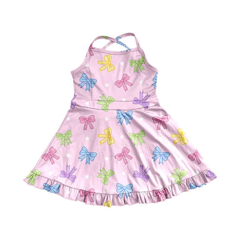 3.31 GSD2294 Baby Girls Pink Strap Colorful Bows Polka Dots Yoga Ruffle Knee Length Dresses Preorder